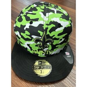 Mens New Era 59Fifty Team New Orleans Saints SideLine Black Green CamoFitted Hat